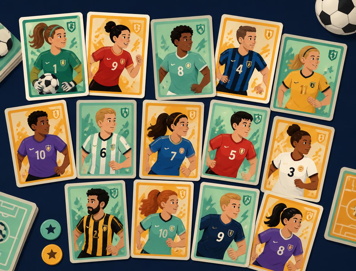 Cromos de fútbol ilustrados extendidos sobre la mesa, listos para una sola foto